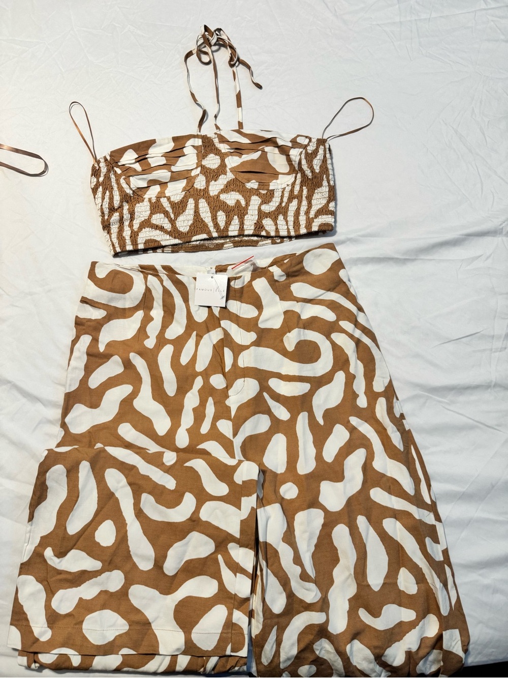 Brown & White Abstract Print Wide-Leg Pants with Matching Crop Top